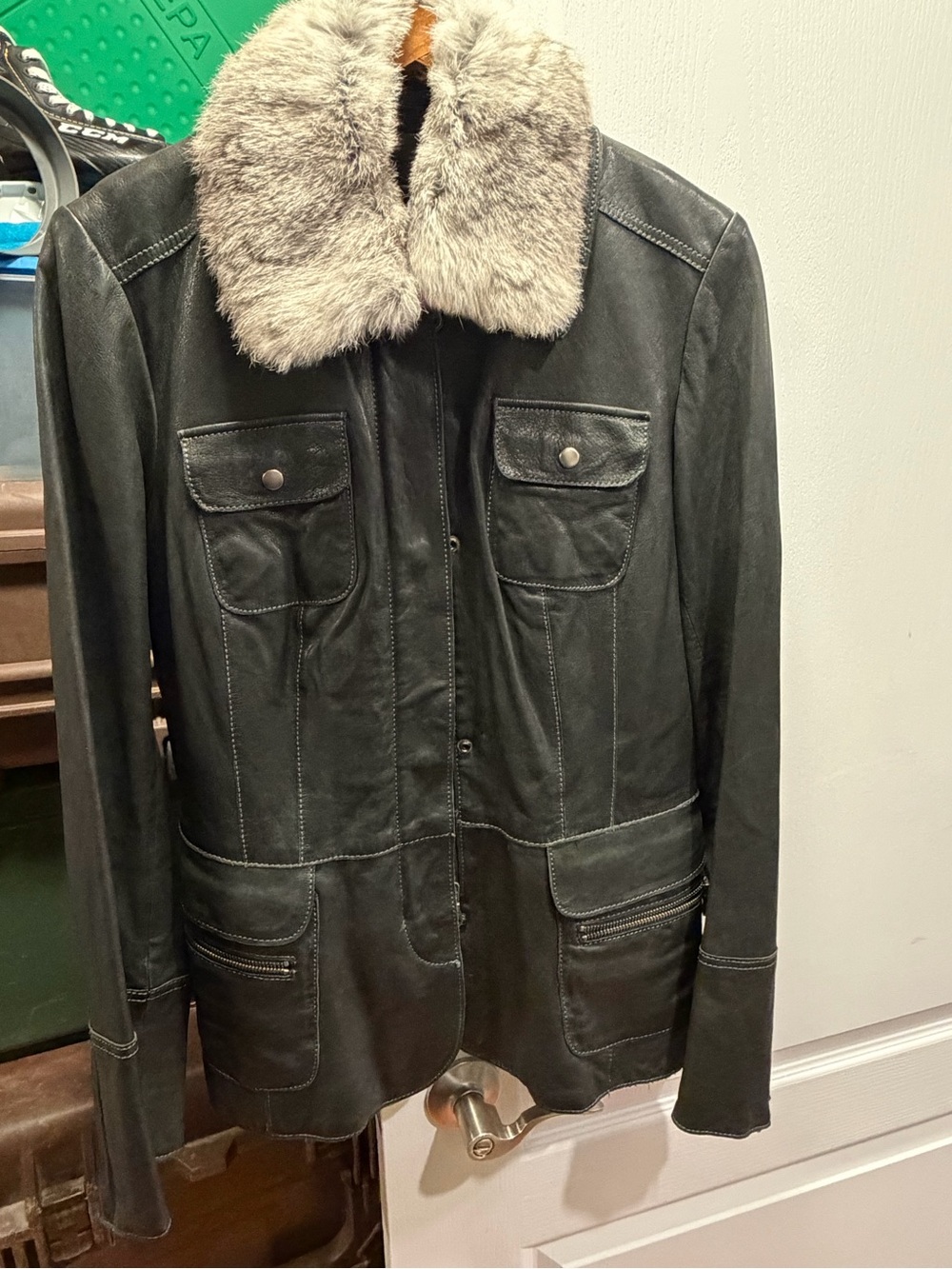 Danier Black Leather Jacket with Light Gray Faux Fur Collar